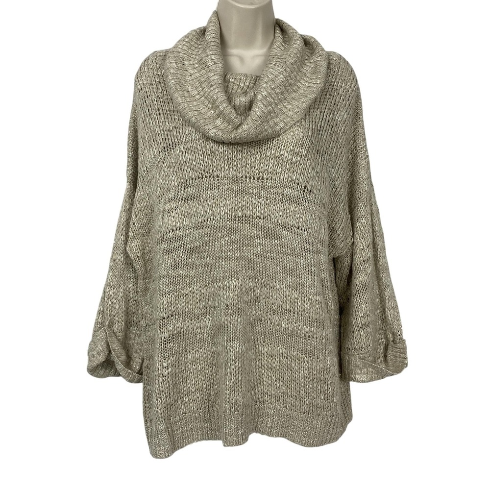 Chicos Sweater Size 3 / XL Beige Tan Cowl Neck Half Sleeve Open Knit Lightweight